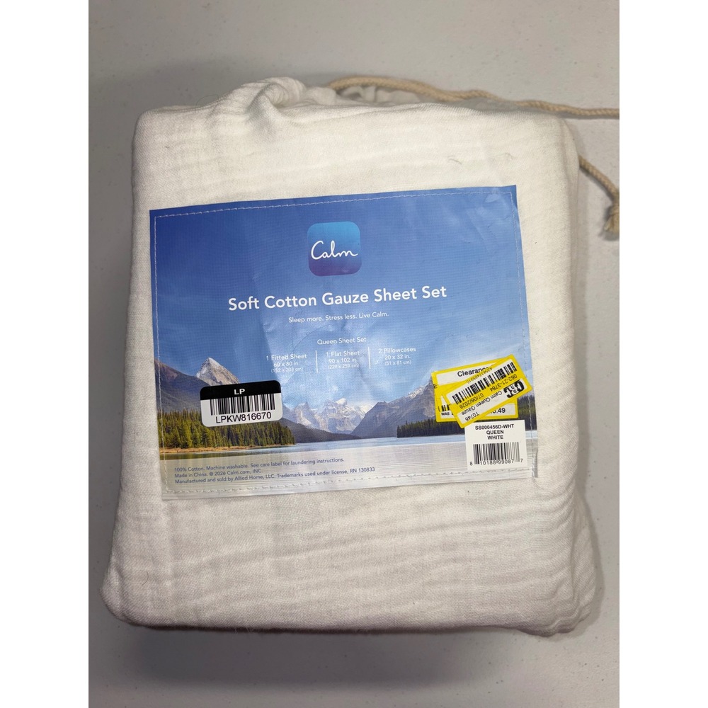 Calm Soft Cotton Gauze Sheet Set Queen White 4 Piece SS000456D-WHT New